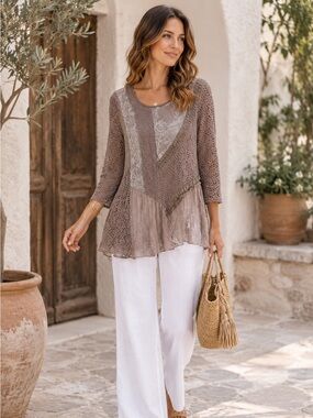 Feratelli Taupe Boho Tunic Blouse Medium Crochet Lace Mesh Layered Lagenlook Top